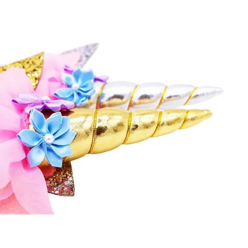 Girl Baptism Birthday Headband Horn Gold Glittery Artificial Flowers Ears Headwear Princess Unicorn Theme Baby Shower Party Gift