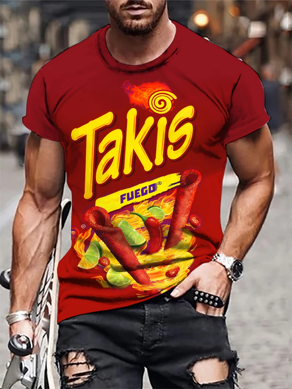 Modisches Herren-T-Shirt mit Takis-3D-Druck, lässig, kurzärmelig, Rundhals-T-Shirt, Herrenbekleidung für Outdoor-T-Shirts, Oberteile für den Sommer