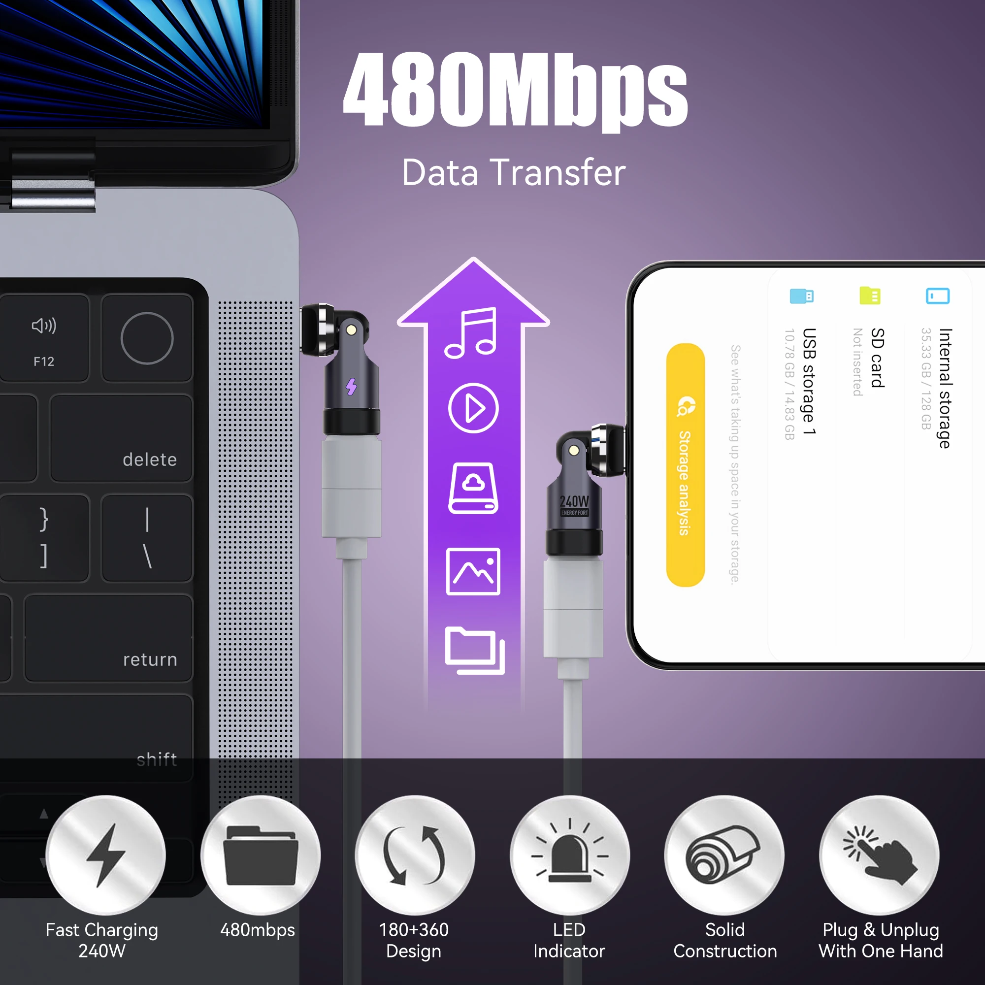 타입 C 휴대폰 충전 케이블 어댑터 USB C PD 240W 540 ° 회전식 커넥터 팁 (폰 16, 삼성, 맥북 프로, LG, 구글용)