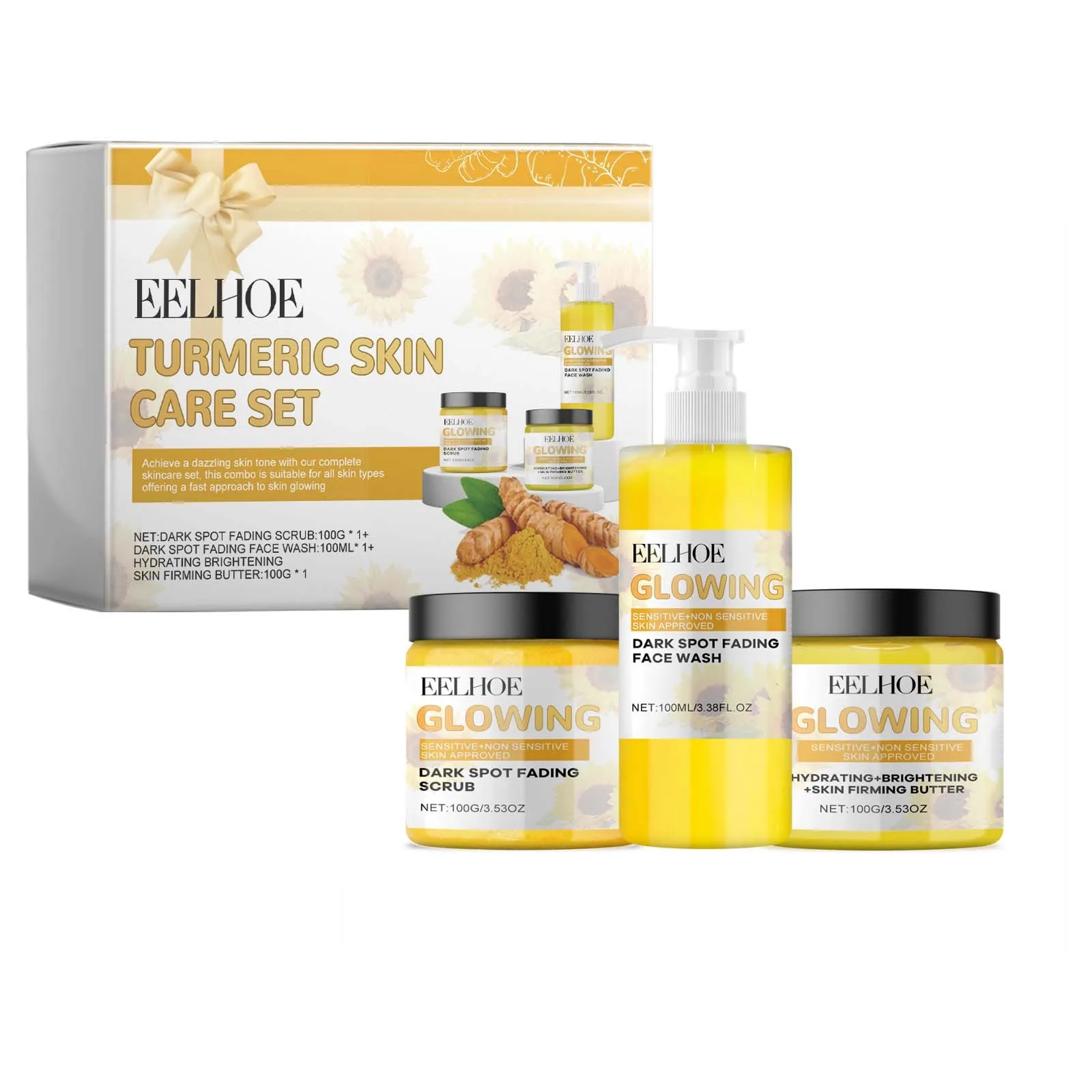Turmeric Face Skin Care Set Temeric Cream Cleaning Face Wash Oil Control Nourishing Skin Exfolianting Cream Purifying