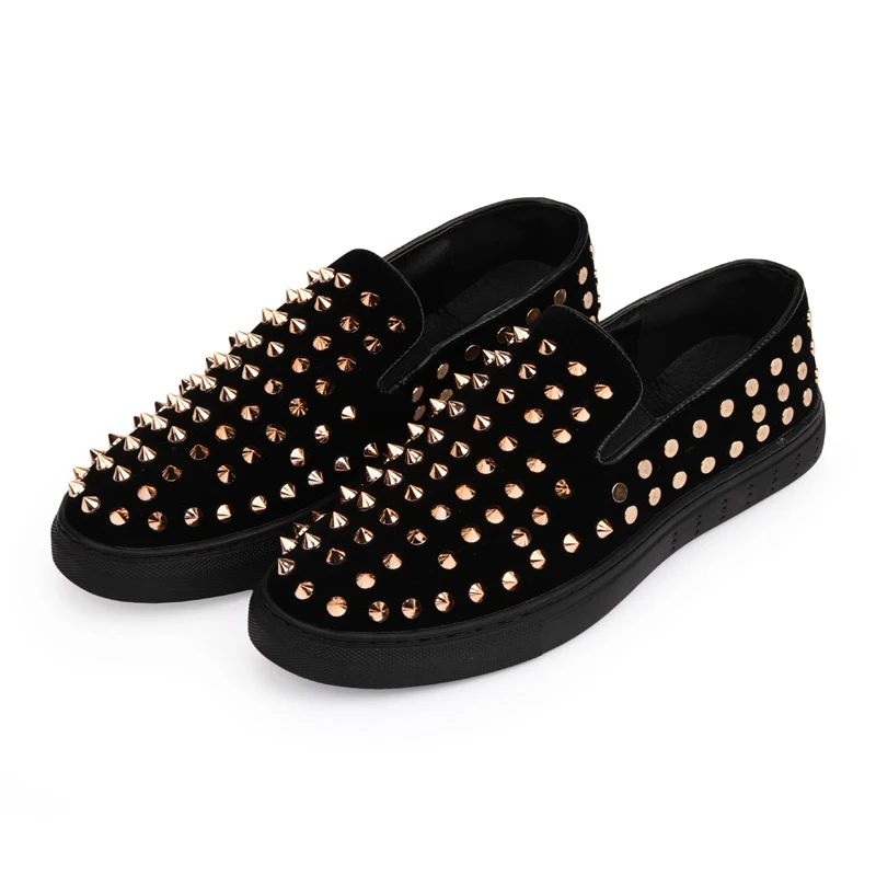 IGxx Elastic Rivet Shoes For Men Black Punk Metal Spikes Shoes Men's Clubs Flats Loafers Genuine Leather Motorcycle Shoes Men
