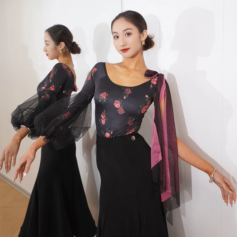 2024 одежда для бальных танцев, женские топы для выступлений, сетчатый костюм с пышными рукавами и цветочным принтом для вальса, танцевальный костюм для латиноамериканских танцев rmа