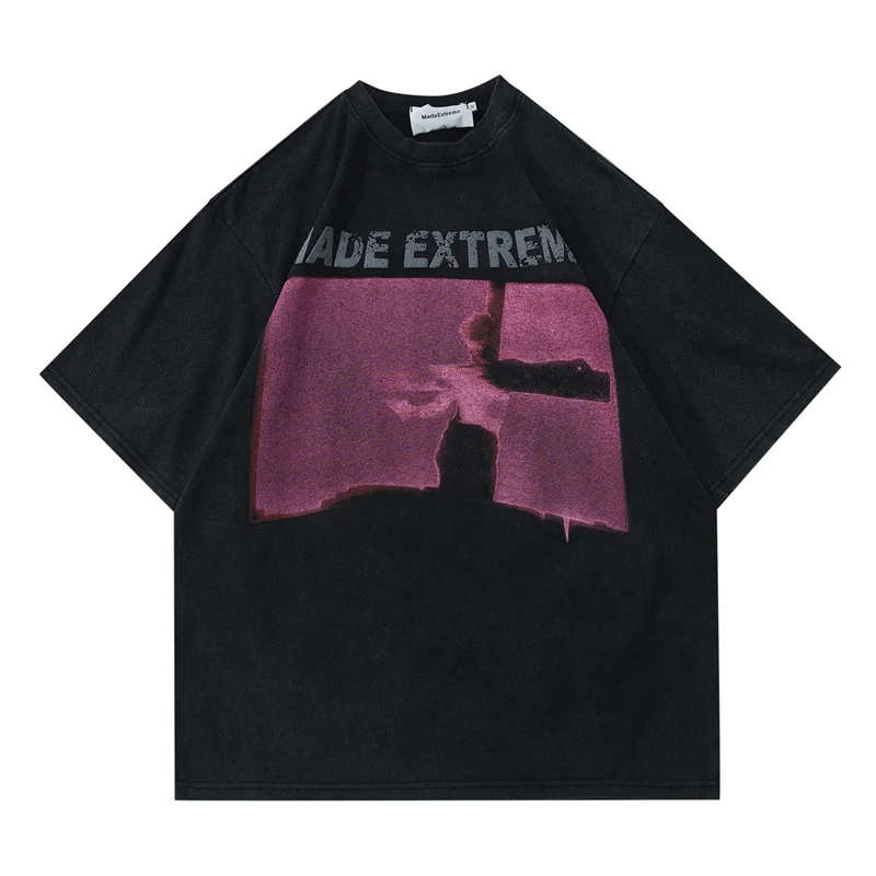 

Hip Hop Vintage Washed Tshirt Men Oversized Streetwear Star Retro Graphic Print Punk Goth T Shirt Harajuku 2023 Casual Loose Top