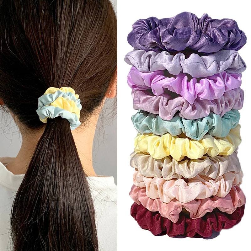 10pcs/pack Women Silk Scrunchie Elastic Hair Bands Multicolor Ponytail Holder Hair Ties Girls Hair Accessories Rubber Band New