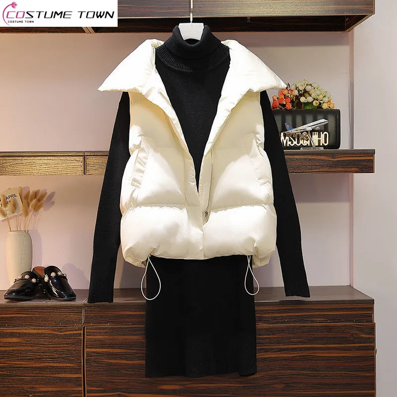 2024 Large Women's Fat MM Autumn/Winter Korean Edition Set Down Vest+Knitted Dress Two Piece Set Fashion