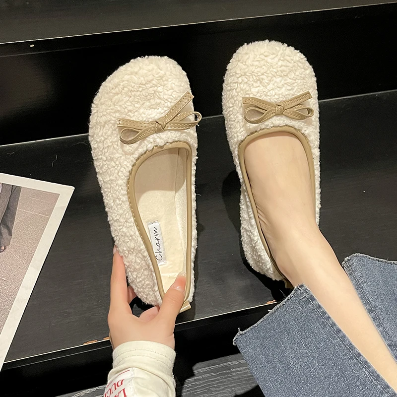 

Bow-Knot Shoes Woman Flats Casual Female Sneakers Soft Autumn Shallow Mouth Loafers Fur Round Toe Butterfly Dress Fall New Winte