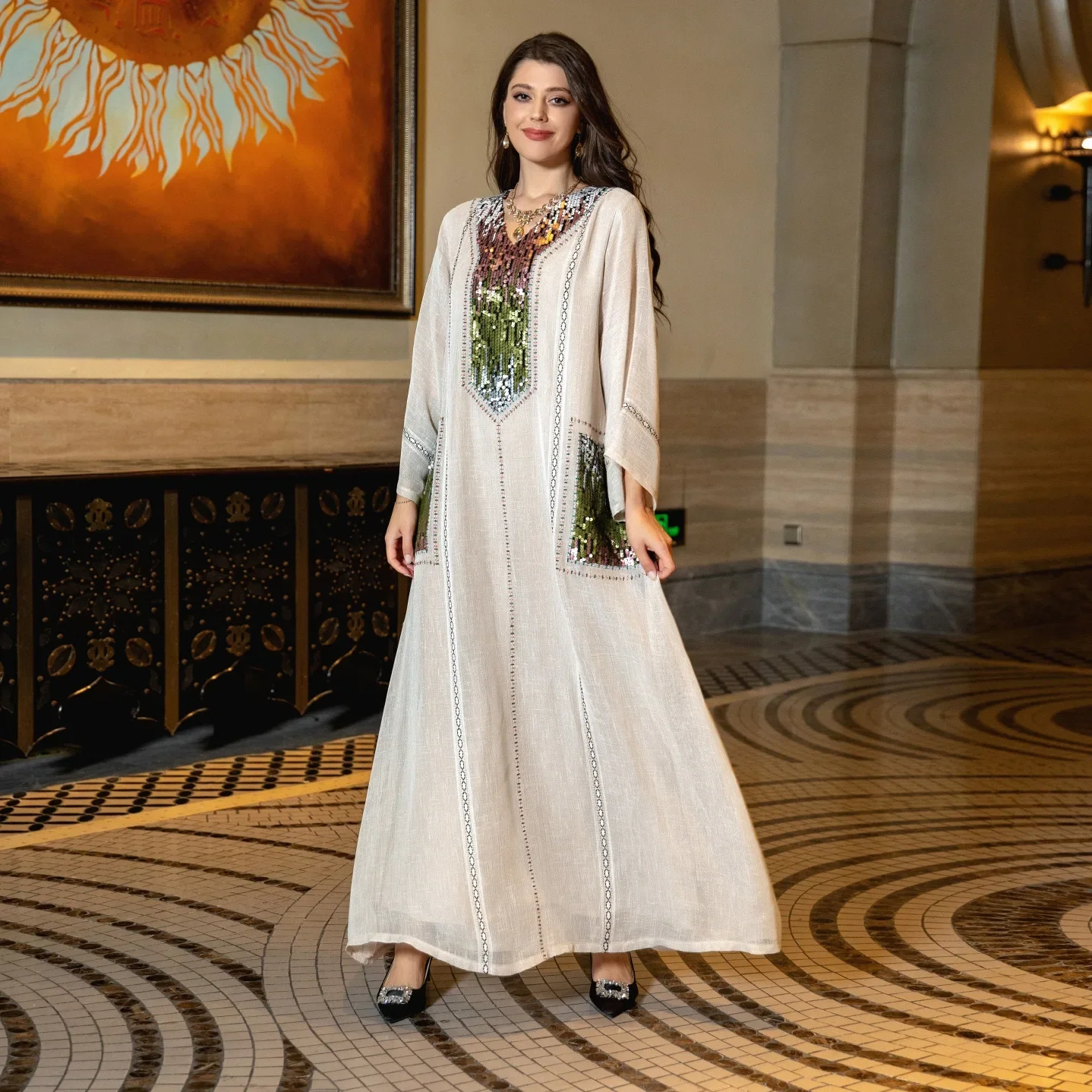 Ramadan Eid Gulf Abaya Arab Jalabiya for Women Dubai Luxury Abayas Sequin Embroidery Muslim Dress Moroccan Turkish Arabic Kaftan