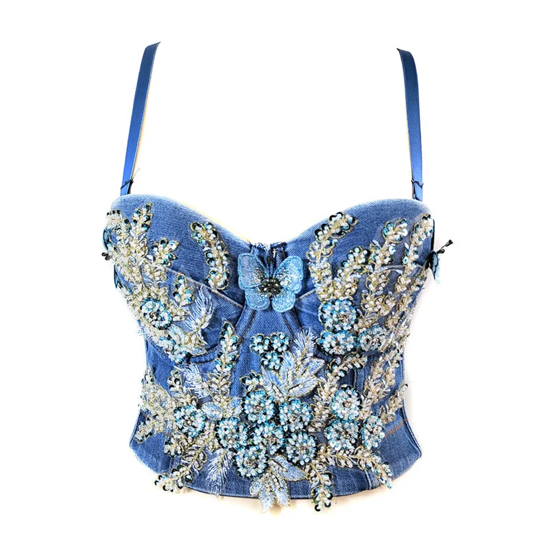 

Тяжелая вышивка из бисера, джинсовый топ, женский жилет на бретельках, модный бюстье, бюстгальтер, топ для ночного клуба, вечерние q290