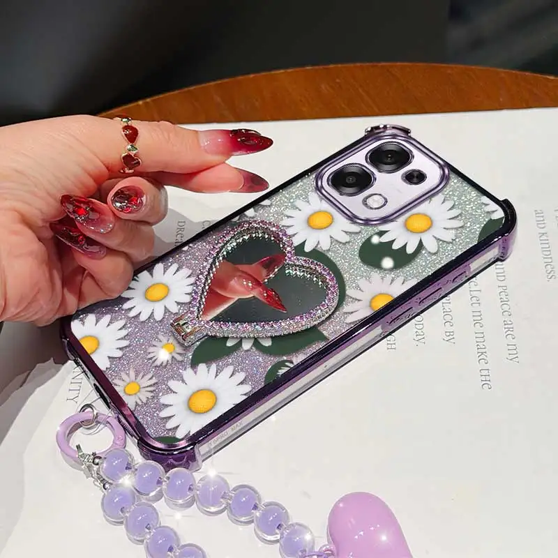 3-Piece White Daisy Phone Case Set with Lanyard and Circular Stand