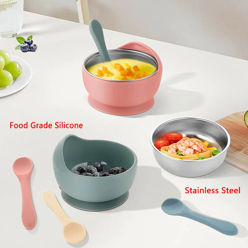 3Pcs Set Baby Feeding Bowl Spoon Stainless Steel Bowl Personalized Name Tableware For Kids Suction Cup Baby Supply baby tableware set,children feeding tray