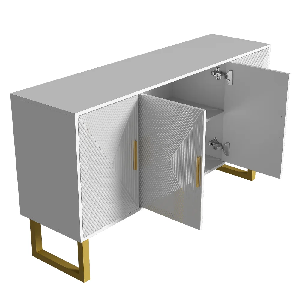 150 cm großes luxuriöses weißes Sideboard mit hochglänzenden strukturierten Türen und goldenen Griffen, 4-türiges Design, höhenverstellbare Regale – Detail 13