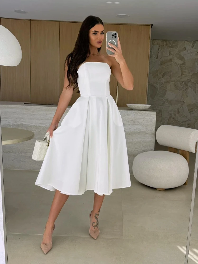 Fashionable Summer Solid Color Strapless Sleeveless Women's Backless A-line Big Hem Dress 366