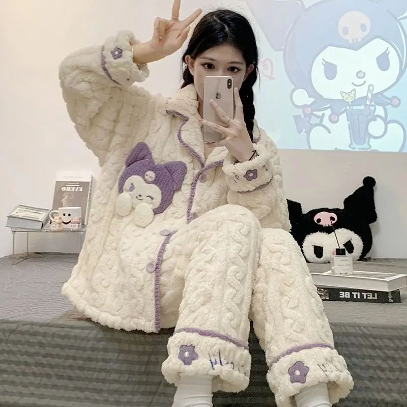 

Пижама Sanrio Kuromi Cinnamoroll, милая Женская Осенняя Коралловая шерстяная утолщенная Студенческая пушистая зимняя теплая одежда, домашняя одежда