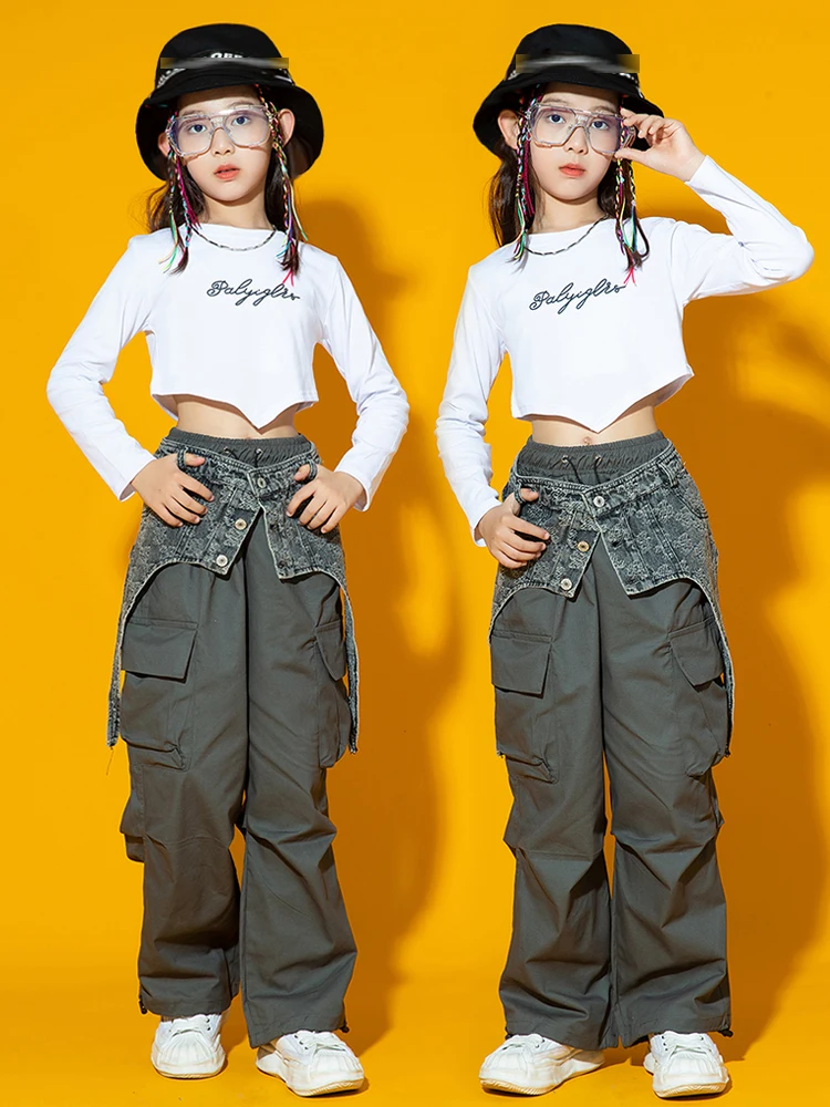Hip Hop Girls Street Dance Clothing Long Sleeves Crop Tops Loose Cargo  Pants Modern Performance Wear Kids Hip Hop Suit BL10116