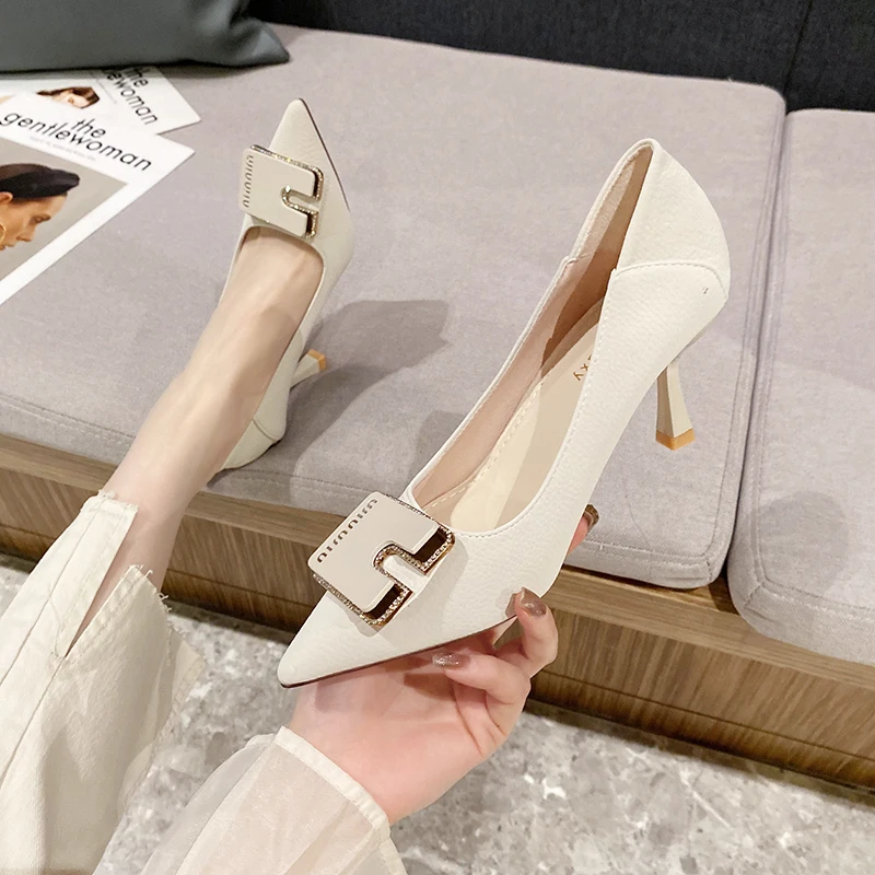 Women's Shoes Fashion Non-slip Square Buckle Bridesmaid Wedding Shoes Solid Color Flocked Pointed Stiletto Heels French Heels