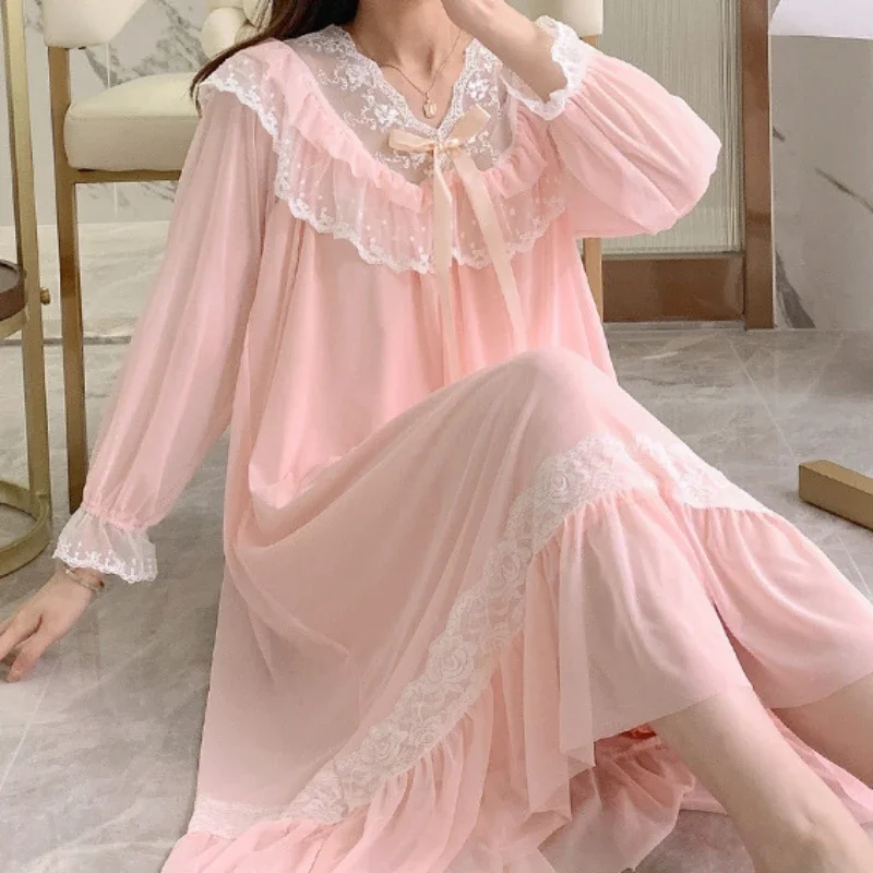 

Милая Осенняя сетчатая ночная рубашка, женская ночная рубашка с длинным рукавом и V-образным вырезом, однотонная длинная ночная рубашка, ночная рубашка принцессы, одежда для сна