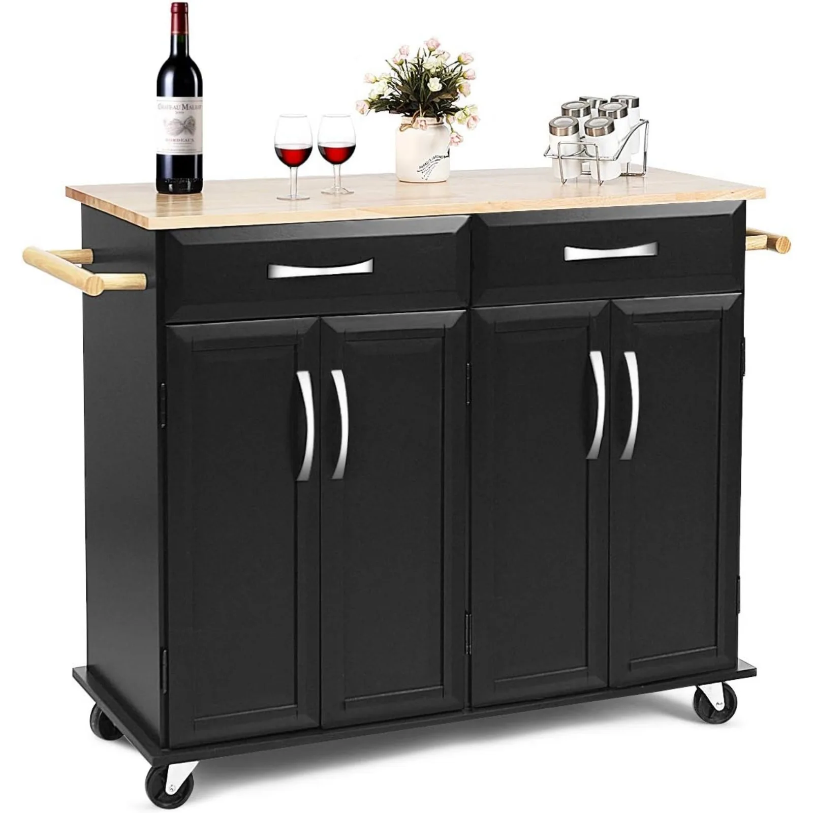 US Kitchen Trolley Cart, Rolling Utility Island w/Rubber Wood Top, Large Storage Easy-Clean with Smooth