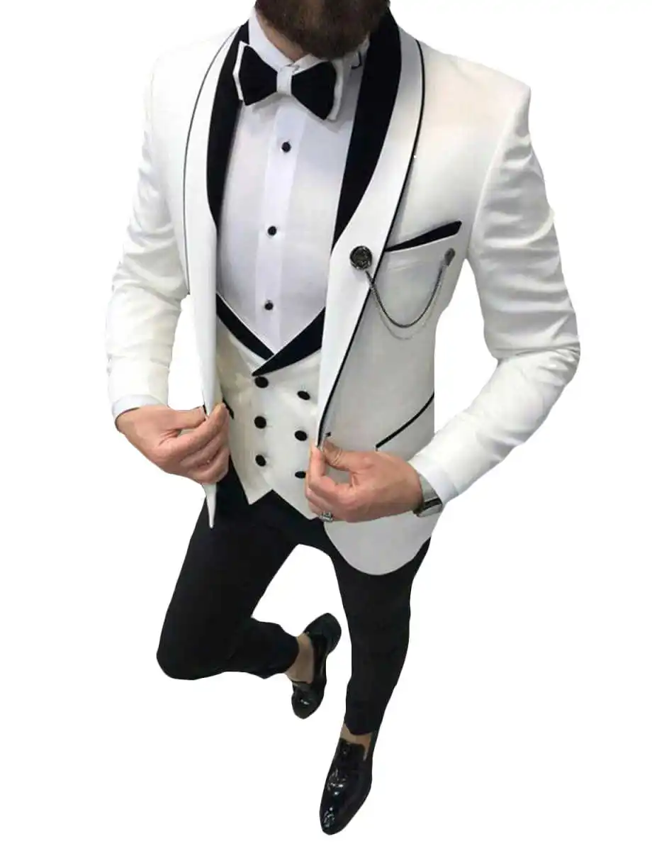Fashion Ivory Men Formal Business Suits Wedding Suit Slim Fit Groom Tuxedos 3 Pcs Set Dress Shawl Lapel Blazer Vest Pants Sets