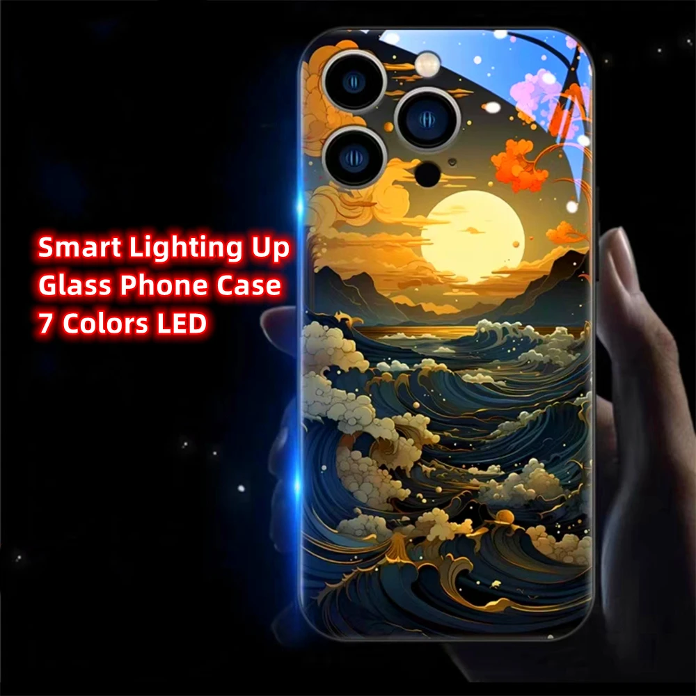 

Pretty Sunset Ocean Smart LED Light Glowing Tempered Glass Phone Case For Samsung S24 S23 S22 S21 S20 FE Note 10 20 Plus Ultra