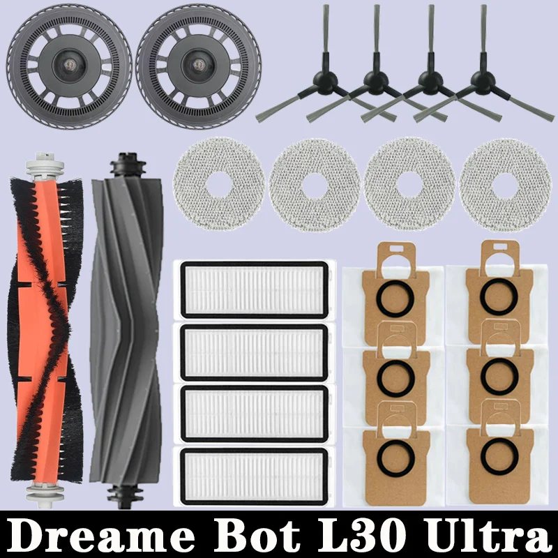  KTNAid 20 Pcs Accessories for Dreame L20 Ultra / L30 Ultra  Robot Vacuum Cleaner, 1 Main Brush, 4 Dust Bags, 4 Mop Pads, 4 HEPA  Filters, 6 Side Brushes, 1 Cleaning Brush : Home & Kitchen