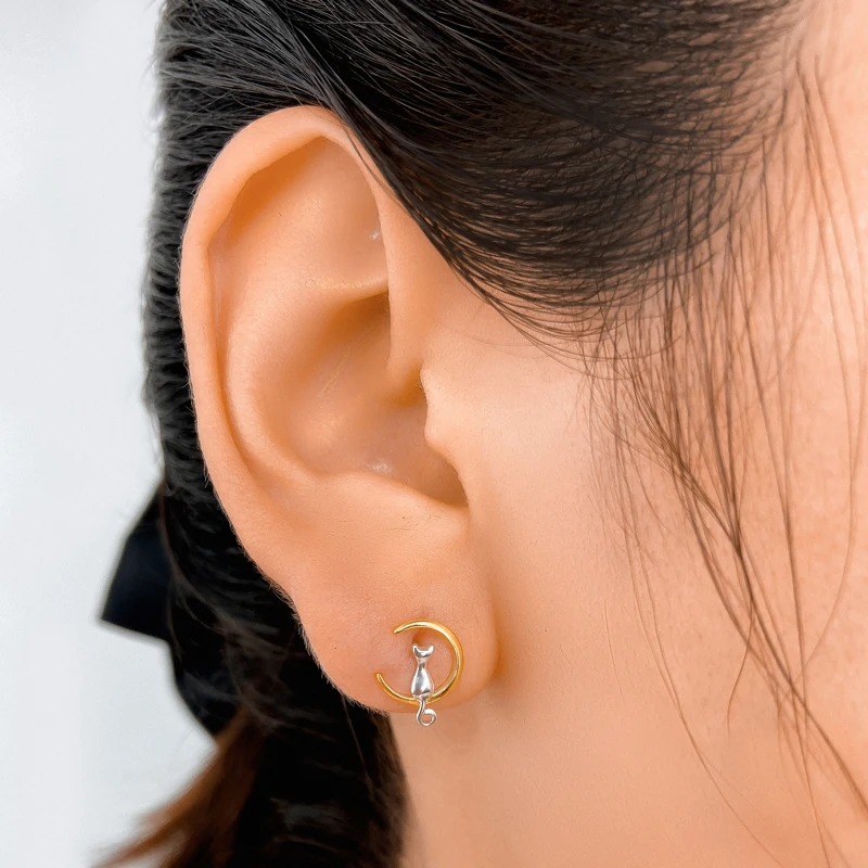 925 Solid Real Sterling Silver Cat Stud Earring for Women Girl Kid Fashion Jewelry DS1709