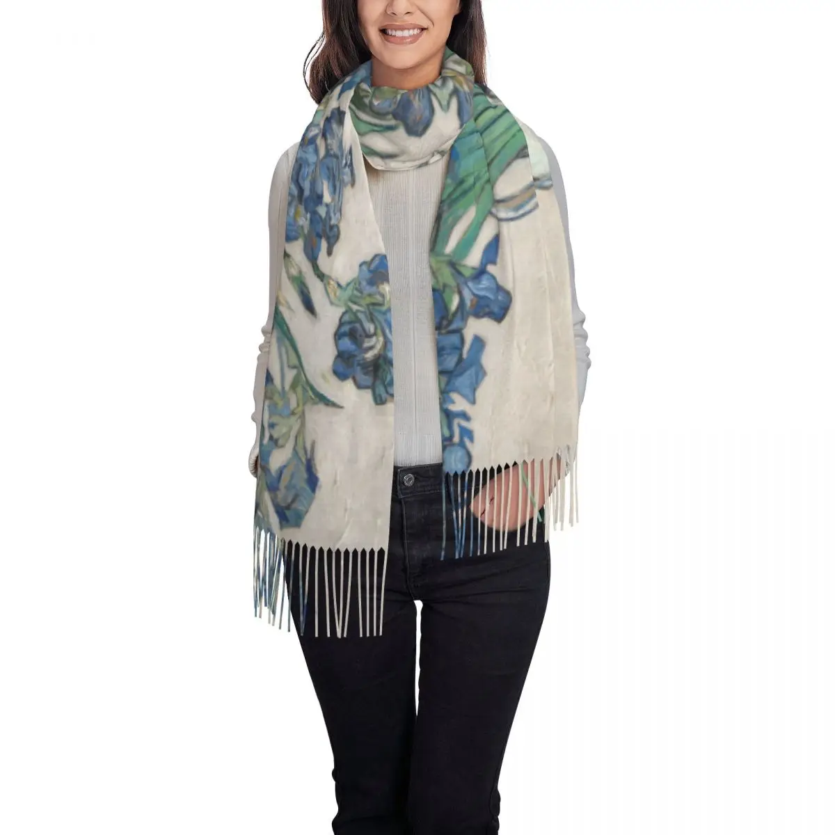 Vincent Van Gogh Irises Tassel Scarf Women Soft Art Painting Shawls Wraps Ladies Winter Scarves 2