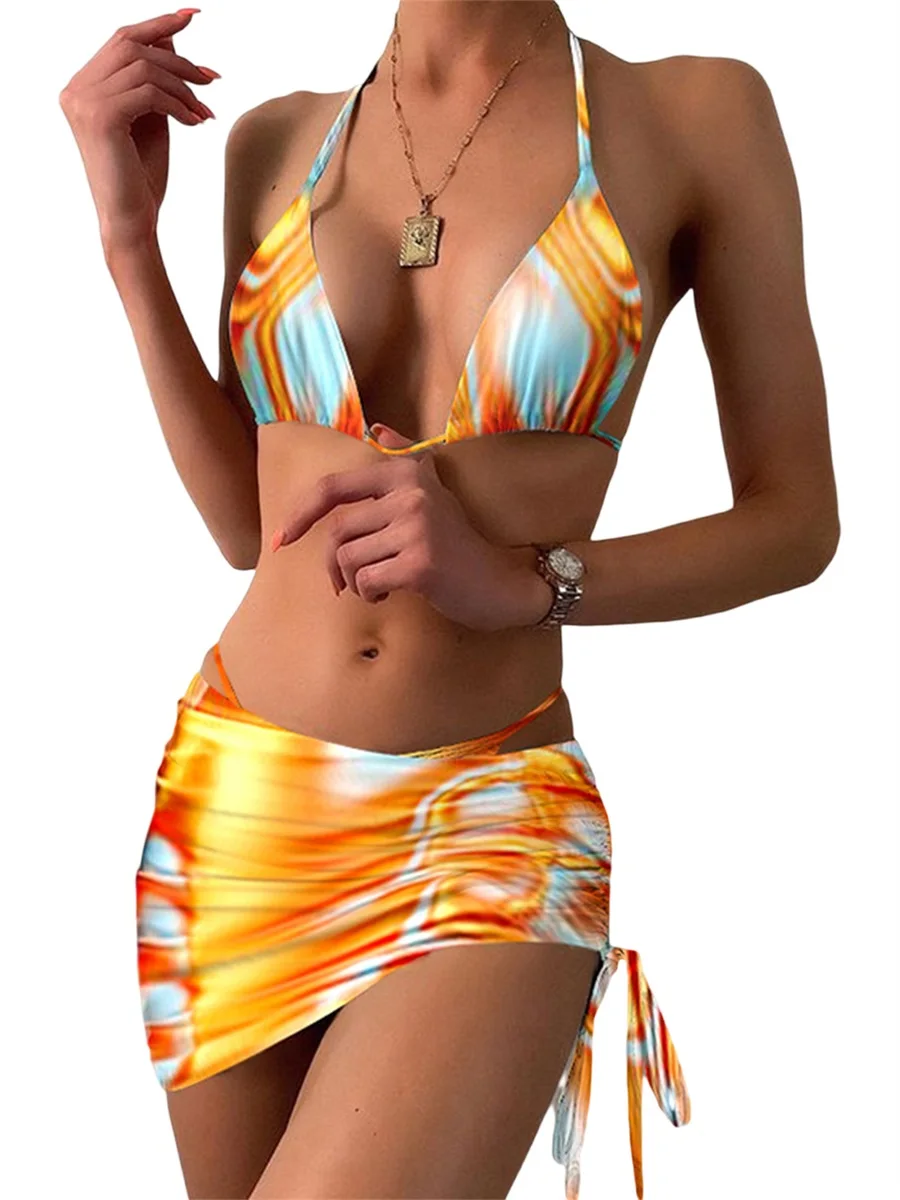 

Женские комплекты бикини с завязкой на шее, бюстгальтер с мягкими чашечками, трусики-танга, юбка-саронг, купальный костюм, Летний Пляжный купальный костюм