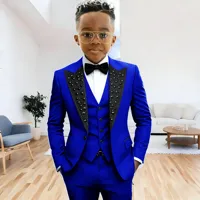 Costume noir pour garçons, smoking de soirée, costume de mariage pour enfants, costume à cristaux perlés, 3 pièces, veste, pantalon, gilet, robe de bal formelle 5