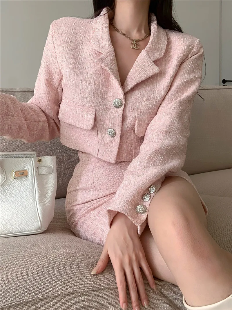 Sweet Tweed Dress Set For Women Chic Elegant Long Sleeve Crop Blazer Jacket Outwear Top + Mini Skirt Lady Skirt Suits