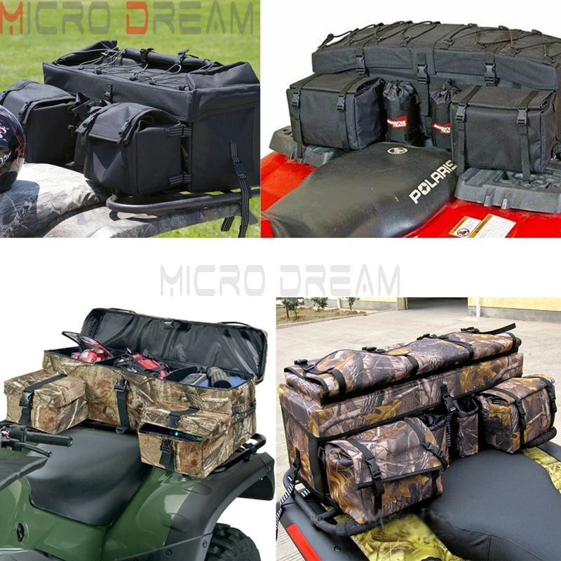 UNISTRENGH ATV Cargo Bag Rear Rack Gear Bag 600D Waterproof Oxford with Reflective Stripe Topside Bungee Tie-Down Storage Padded-Bottom Multi-Compartment Camo All Purpose Rear Seat Bag 