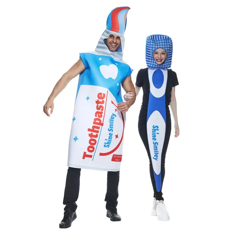 

New Arrival Halloween Couple Costume Unique Funny Toothbrush and Toothpaste Costume Man Woman Carnival Party Outfit 2Pcs Set