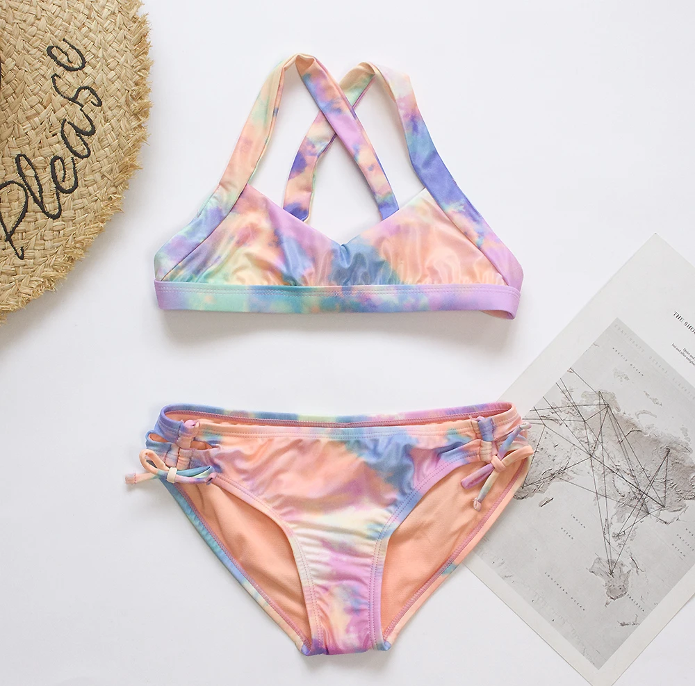 Gradient Tie-dyed Kids Girls Swimwear Swimsuit Child Students Bandage Bikini Set Children Summer Beachwear Biquini