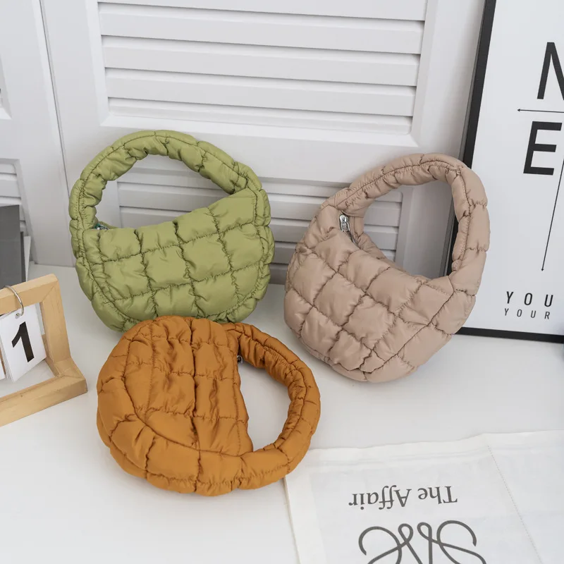 Fashion Mini Puffer Tote Bag Quilted Circle Phone Purse Elegant Purple Soft Nylon Padded Key Pouch Simple Trend Handbag