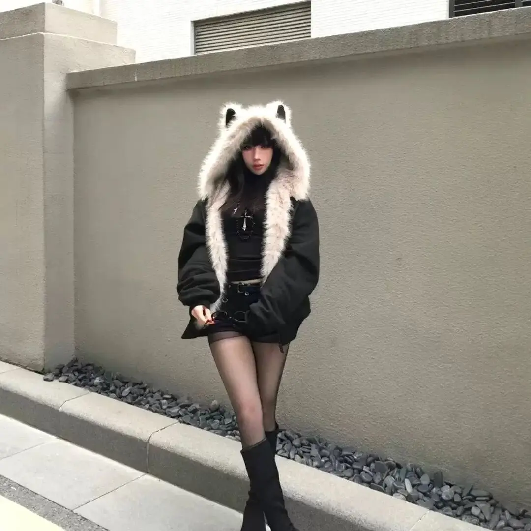 American Retro Jacket Faux Fur Hooded Longe Sleeve Women Casual Pure Color Vintage Sweatshirt Aesthetics Parkas Autumn Clothing