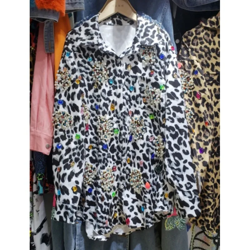 

2024 Spring Autumn New Nail Bead Inlaid Diamonds Leopard Print Streetwear Fashion Women Shirt LX579S