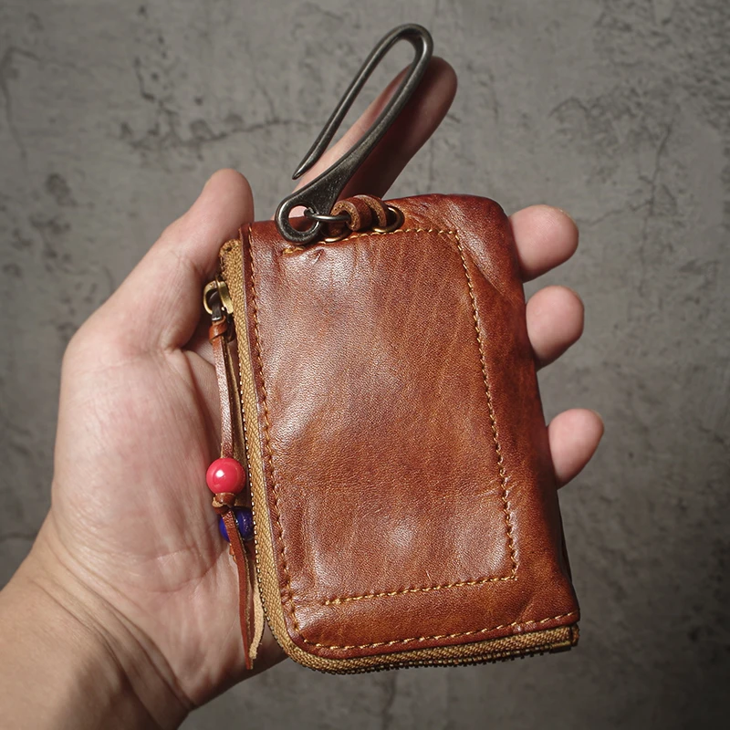 NUKA Top Cowhide Car Key Bags Men Women Vintage  Zipper Coin Purse Genuine Leather Wallet Card Holde ‌Housekeeper Home Organizer 2