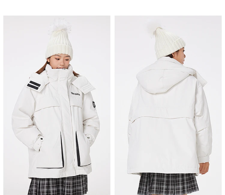 Metersbonwe Women's Jacket Puffer 90 White Duck Down Waist Drawstring Cargo Jackets Hooded Thickened Sporty Warm Wear Winter