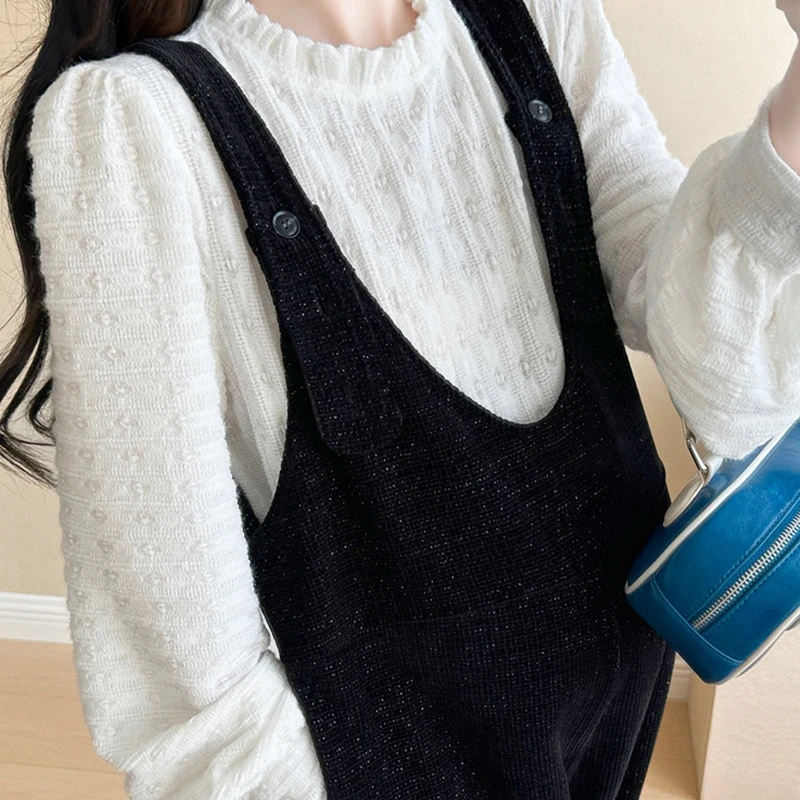 Maternity Clothes Set Pregnant Woman White Blouse+ Corduroy Overalls 2pcs Long sleeve Shirt Fleece-lined Pants Fashion Suit