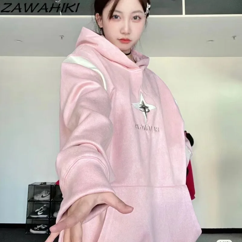 

Hoodies Women American Retro Letter Embroidery Patchwork Contrast Color Kpop High Street Loose Lovers Sweatshirt Ropa De Mujer