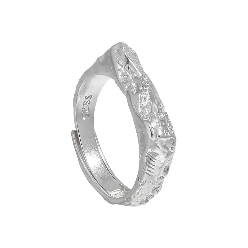 Geometric Square Classical S925 Sterling Silver Ring Uneven Texture Design Rings Fashion Jewelry for Women Gift
