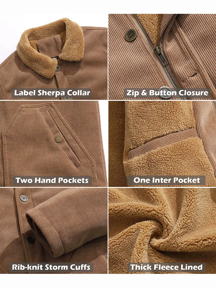 Men's Winter Corduroy Jacket Fleece Warm Lined Cargo Work Jacket Casual Thick Sherpa Collar Trucker Deck Navy Coats