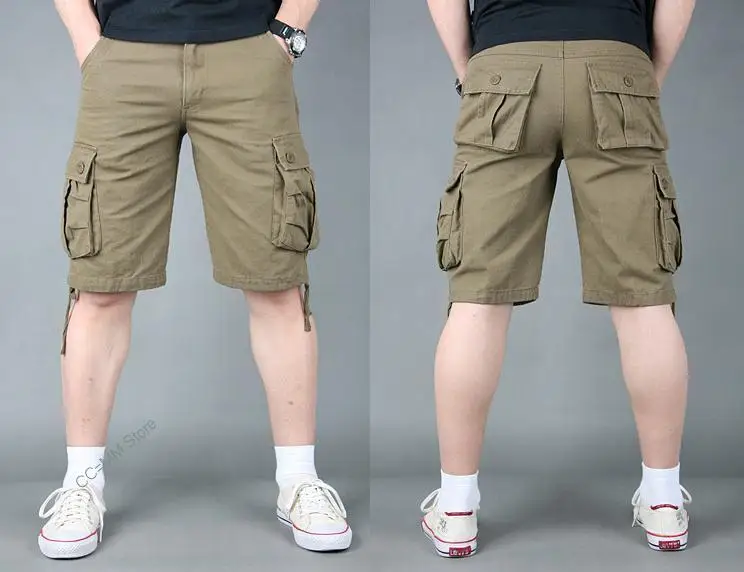 

Summer Men's Baggy Multi Pocket Cargo Straight Shorts breeches Male Long Army Green Khaki Mens Loose Short Plus Size