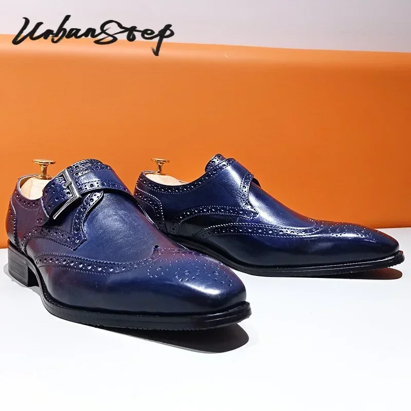 Luxury Casual Men Monk Strap Shoes Blue Black WingTip polishing Loafers Men Dress Shoes Wedding Office Leather men monk strap shoes