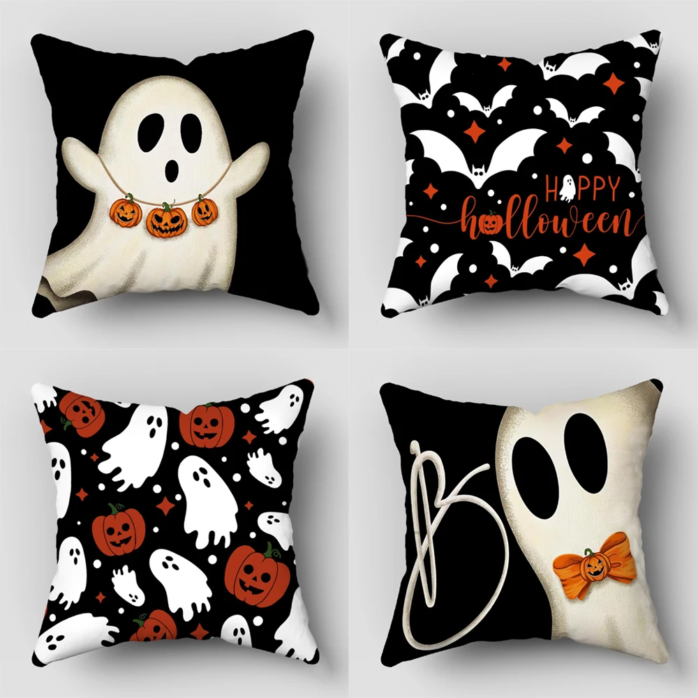 Set of 4 Halloween Throw Pillow Covers - Ghost, Pumpkin, and Bat Designs