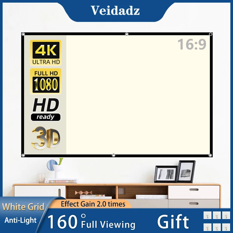 VEIDADZ Projector Screen White Grid AntiLight 169 Projection Screen