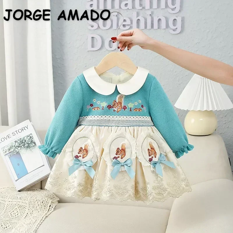 

Autumn Winter Baby Girl Sweet Dress Peter Pan Collar Cute Squirrel Bow Long Sleeve Party Dresses Children Fleece Clothes E30556