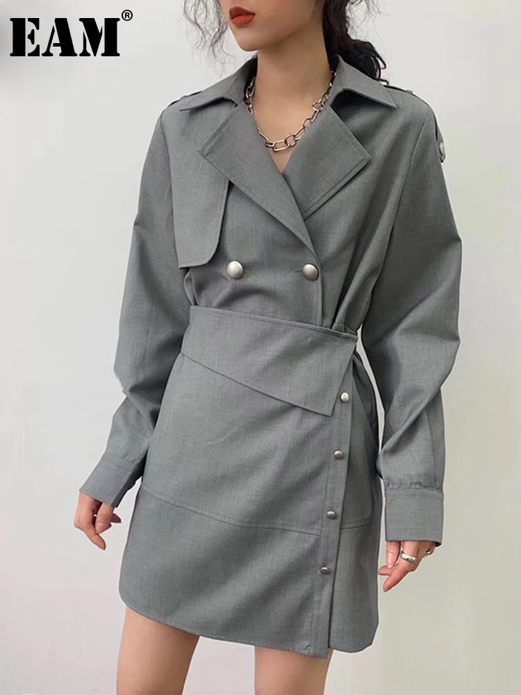 [EAM] Women Gray Button Irregular Split Joint Dress New  Lapel Long Sleeve Loose Fit Fashion Tide Spring Autumn 2022 1U992