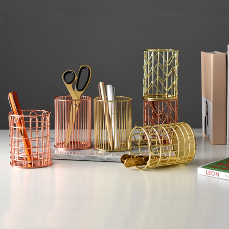 1PC Desktop Pen Holder Office School Storage Case Metal Gold Rose Gold Box Desk Pen Pencil Organizer Home Decor Makeup Storage