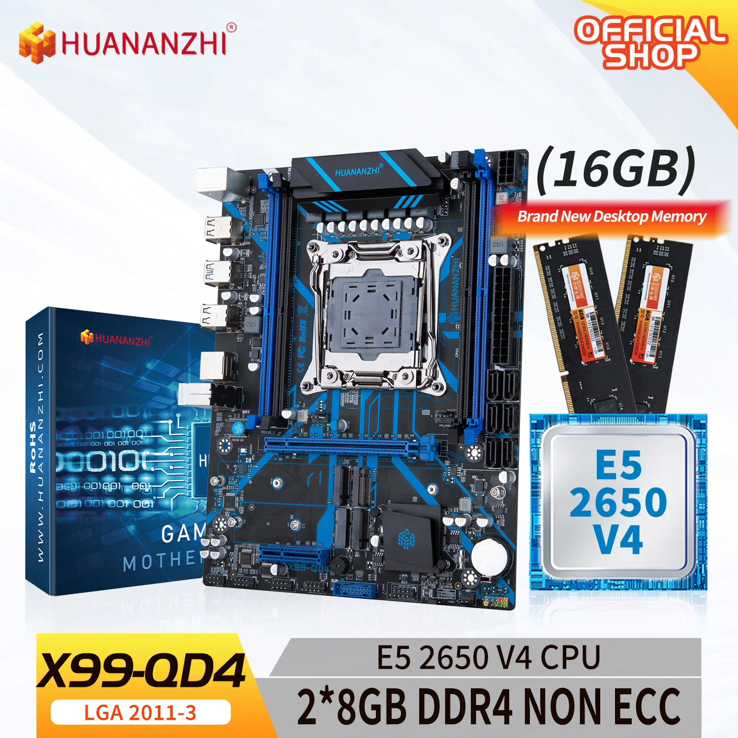 

HUANANZHI X99 QD4 LGA 2011-3 XEON X99 Motherboard with Intel E5 2650 v4 with 2*8G DDR4 NON ECC memory combo kit set NVME SATA
