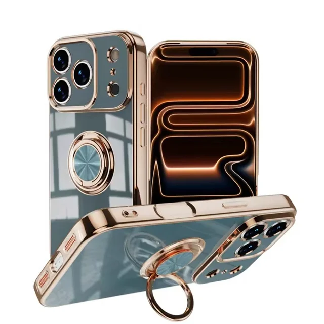 Luxury Plating Silicone Ring Holder Phone Case with Metal Stand - Shockproof Soft Cover